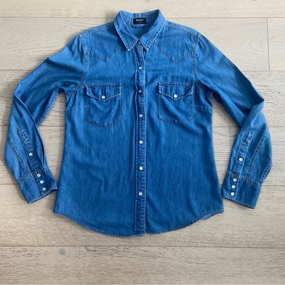 ARITZIA TALULA Denim Western Shirt Large Pearl Snap Cotton EUC - Picture 3 of 9